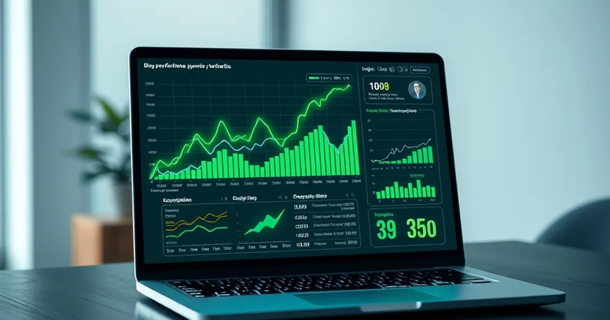 Interfaz digital moderna mostrando gráficos de crecimiento y optimización SEO, proyectando datos de rendimiento de un blog automatizado en una pantalla de laptop, en un entorno de oficina elegante.