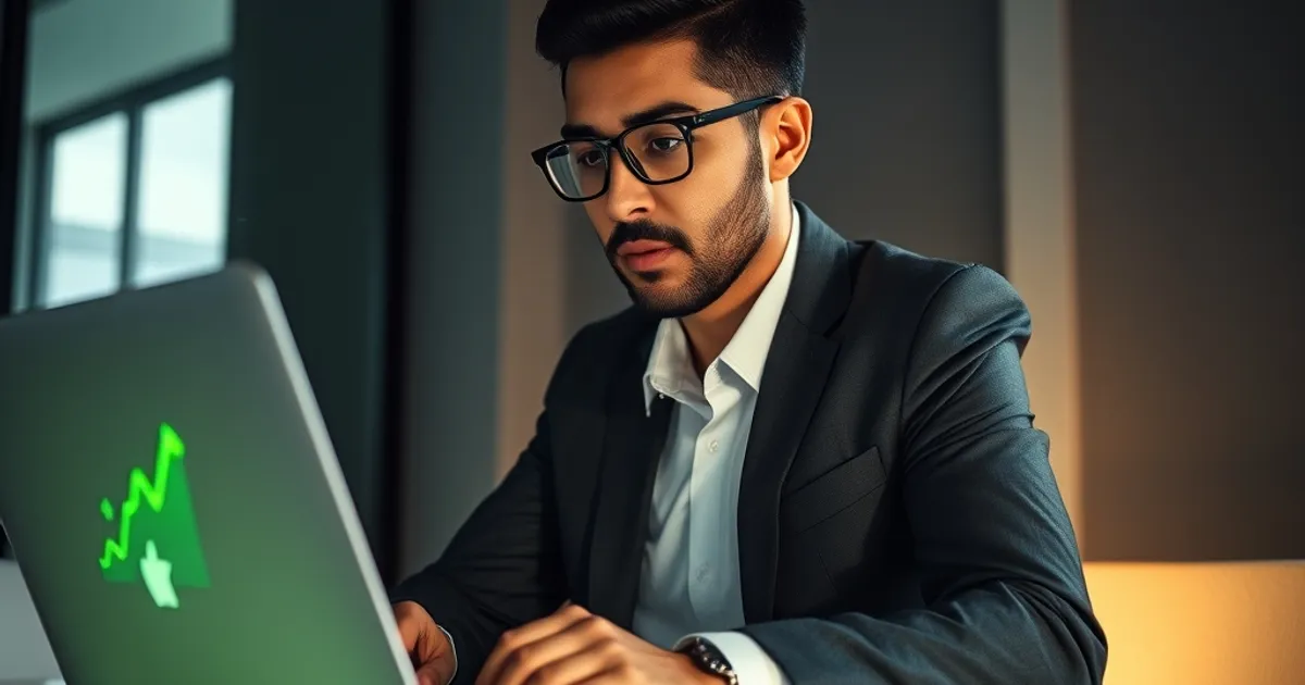 Empresario peruano exitoso optimizando Meta Ads en laptop con gráficos de crecimiento verde brillante