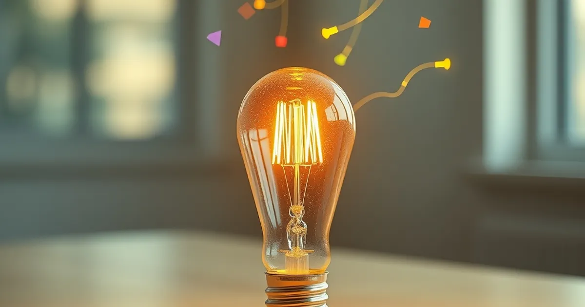 Bombilla incandescente con formas geométricas 3D y cintas de energía flotando, simbolizando la innovación y la creatividad en el ámbito de la inteligencia artificial.