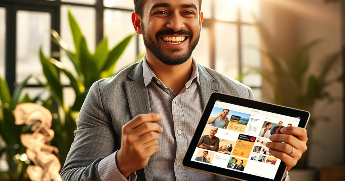 Ejecutivo de negocios peruano sonriente con tablet, implementando estrategias de IA para su empresa en un estudio moderno y luminoso en Lima.