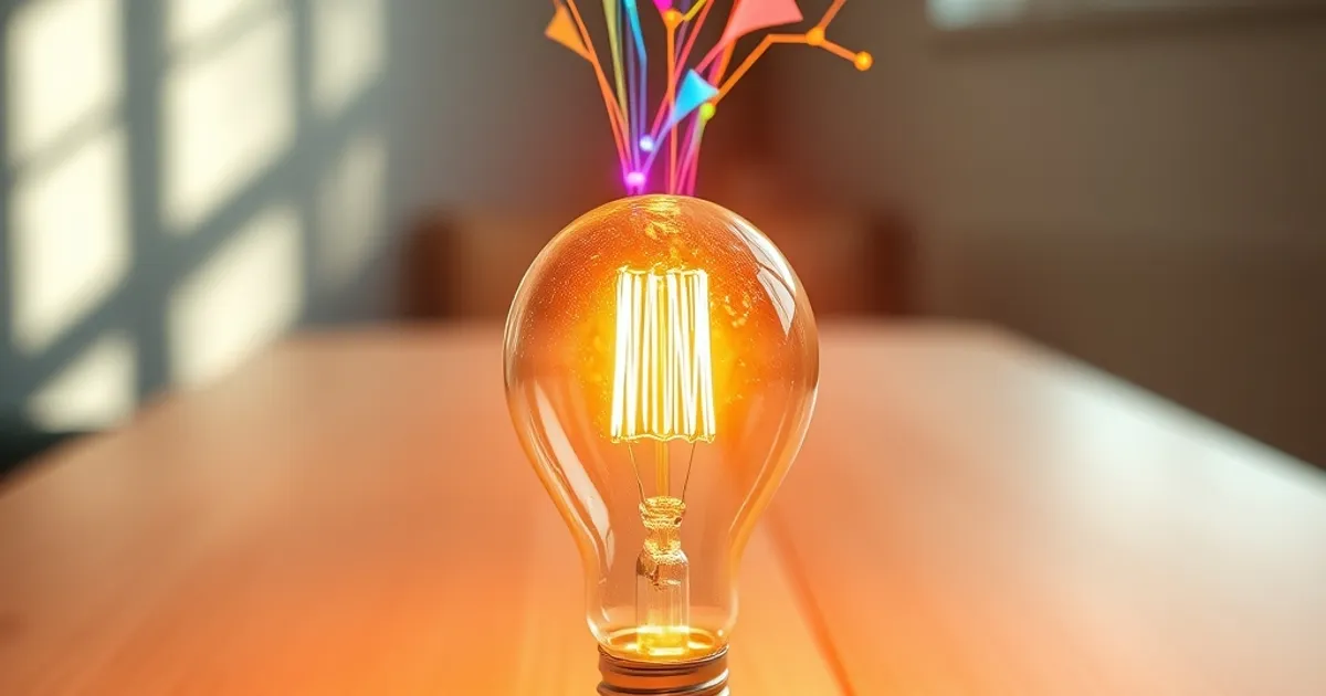 Bombilla de luz de diseño brillando con formas geométricas 3D flotantes y cintas de energía, simbolizando la innovación y la creatividad en el marketing digital.