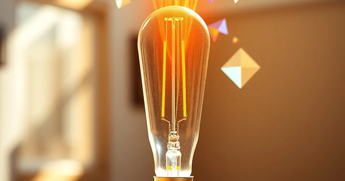 Bombilla de filamento brillante sobre una mesa de madera, con formas geométricas y energía flotante, simbolizando innovación y posicionamiento GEO con inteligencia artificial en Lima.