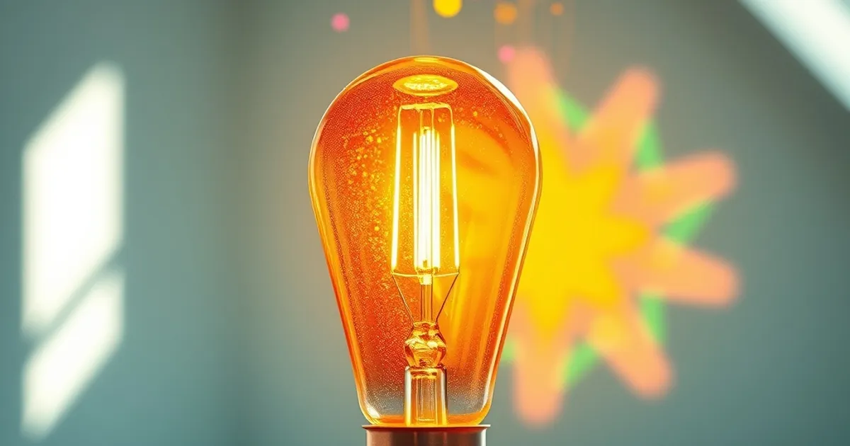 Bombilla de filamento de diseñador o prisma de cristal en una mesa de madera, emitiendo luz ámbar cálida, rodeada de formas geométricas 3D y cintas de energía flotantes, representando innovación y creatividad en marketing digital.