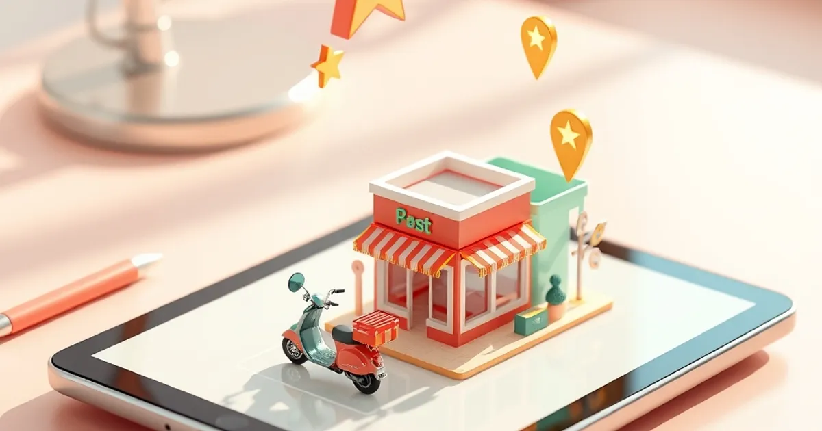 Escena 3D isométrica de un mundo de negocios en miniatura vibrante emergiendo de una tablet, con edificios, scooters de reparto y marcadores de ubicación, representando desarrollo web y software a medida en Lima.