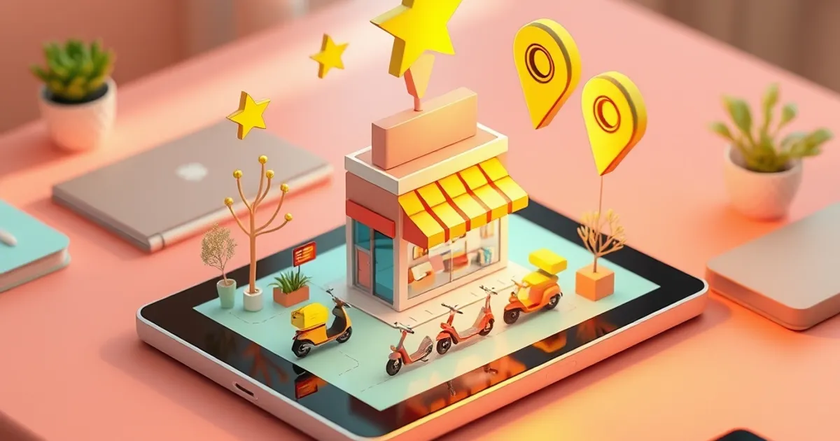 Mundo de negocios en miniatura 3D saliendo de una tablet, con tiendas, scooters y marcadores de mapa flotando, sobre un escritorio luminoso.