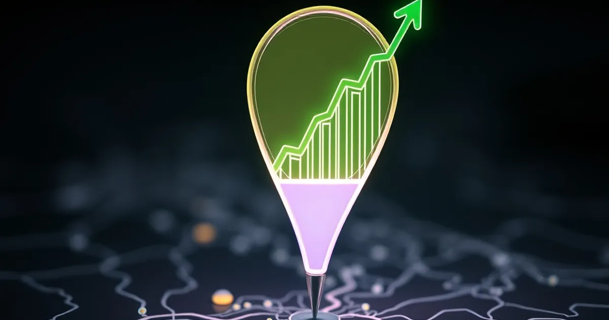 Un pin de mapa digital luminoso en 3D con gráficos de crecimiento verde, superpuesto en un mapa futurista de Lima, simbolizando el éxito del SEO local para negocios.