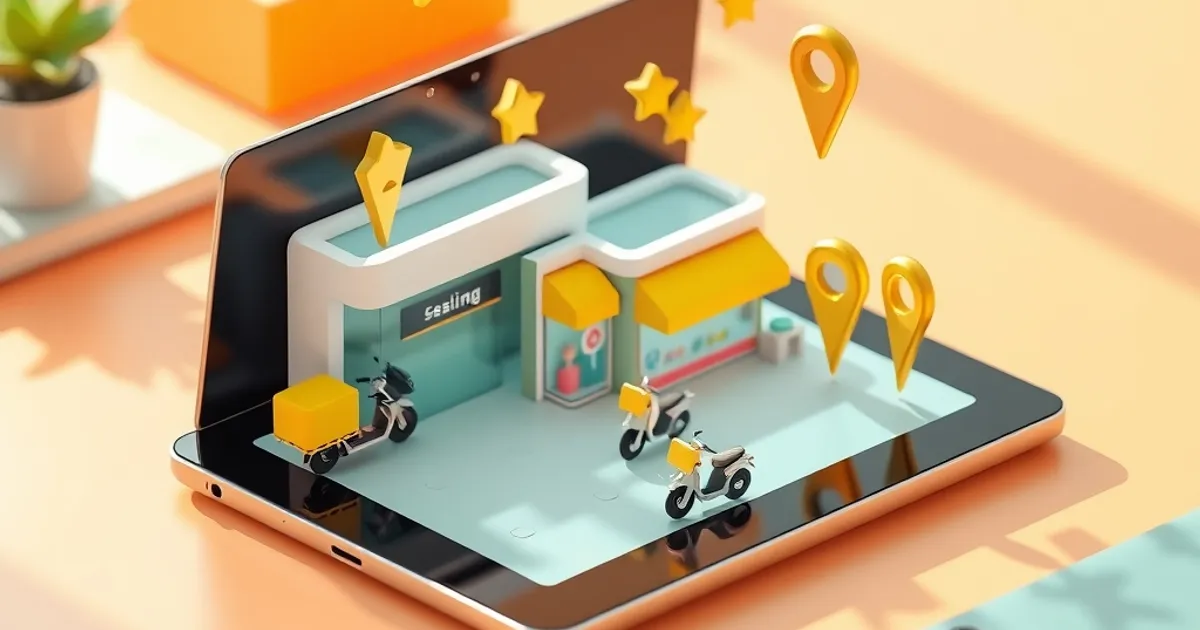Un vibrante mundo empresarial en miniatura 3D que emerge de una tablet moderna, con tiendas, scooters de reparto y pines de mapa flotando. Representa la innovación y el dinamismo de las agencias de publicidad digital en Perú, con enfoque en el crecimiento y la tecnología.