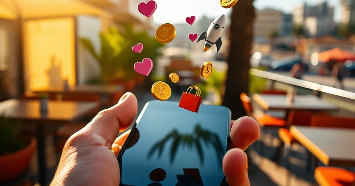 Mano sosteniendo un smartphone moderno con iconos de notificación 3D flotando, representando el impacto de la IA en el marketing digital.
