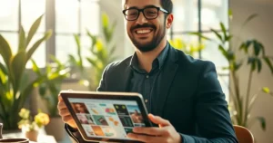 Ejecutivo peruano sonriente en un moderno estudio soleado en Lima, sosteniendo una tablet con diseños creativos, simbolizando la innovación empresarial con GPT-6.1 Sol.